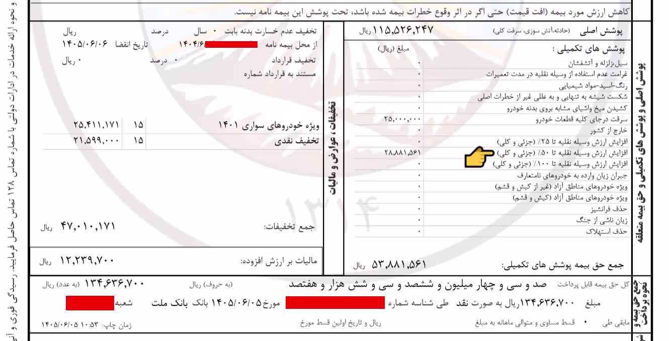 جدول مشخصات بیمه‌نامه بدنه و ردیف پوشش افزایش ارزش ۵۰ درصدی خودرو همراه با مبالغ حق بیمه